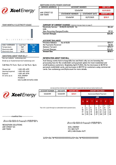 USA Xcel Energy business utility bill Word and PDF template PSD template